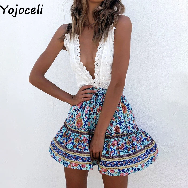 

Yojoceli Sexy boho ruffle short skirts womens Summer beach casual high waist skirt Cool print daily skirt female bottom