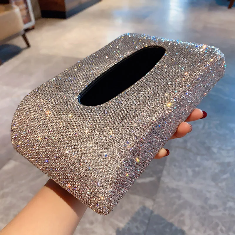 

Luxury Crystal Auto Interior Accessories Car Tissue Box Leather Car Storage Box Portable Car Seat Type Napkin Box Festival Gift