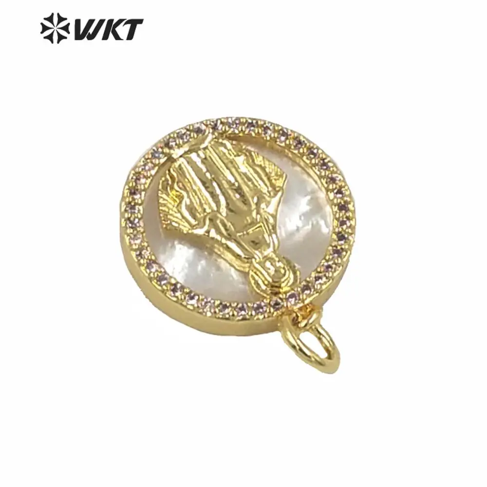 MP155 High quality white mop shell pendant small size round coin pendant religious jesus Christ charms pendant in gold plated