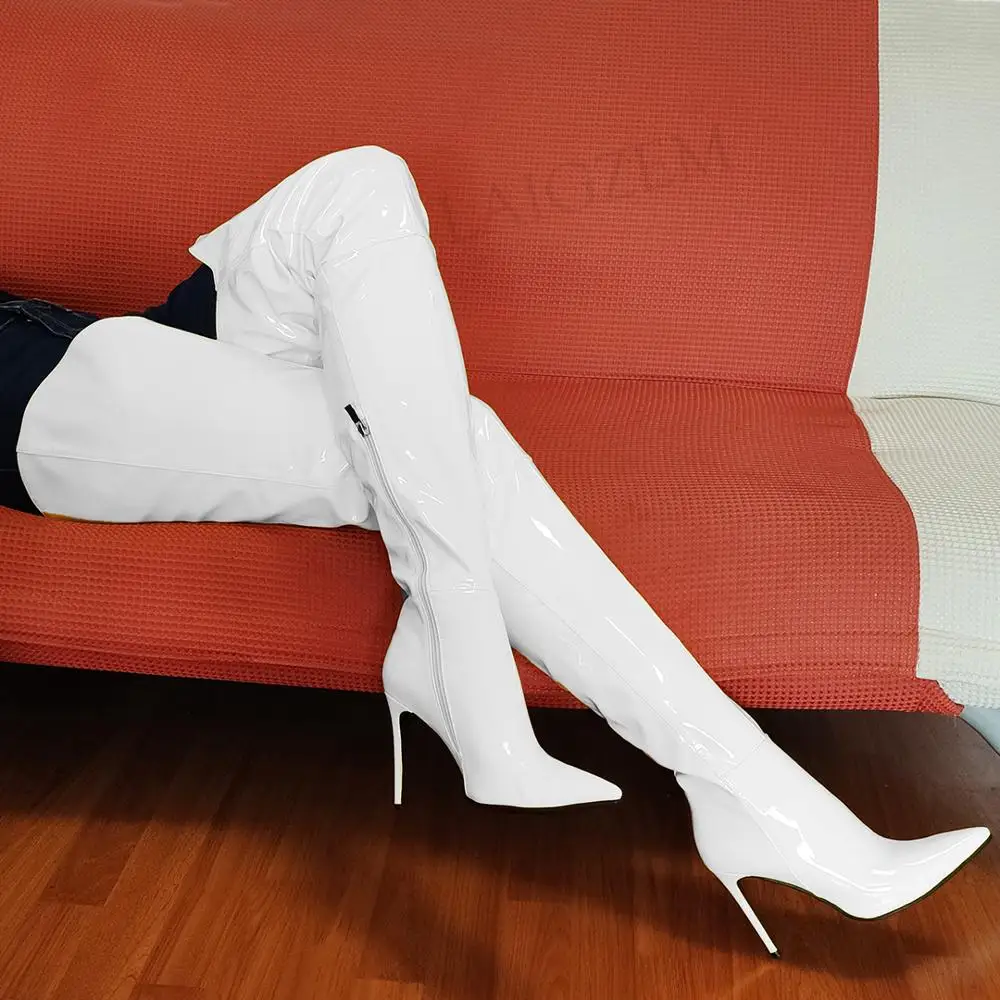 

LAIGZEM Women Thigh High Boots Shiny V Cut Side Zip Thin High Heels Boots Over Knee Party Prom Cosplay Shoes Woman Size 44 46 47
