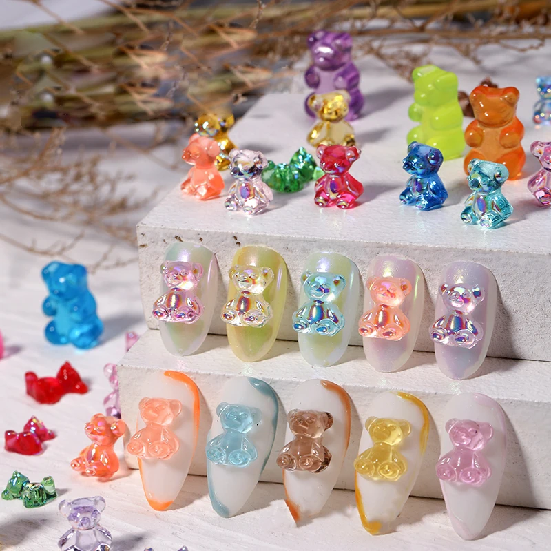 50pcs Transparent Aurora Bear Mixed Color Mixed Size Nail Art Accessories Resin Cartoon Bear 3D Fingernail DIY Decoration