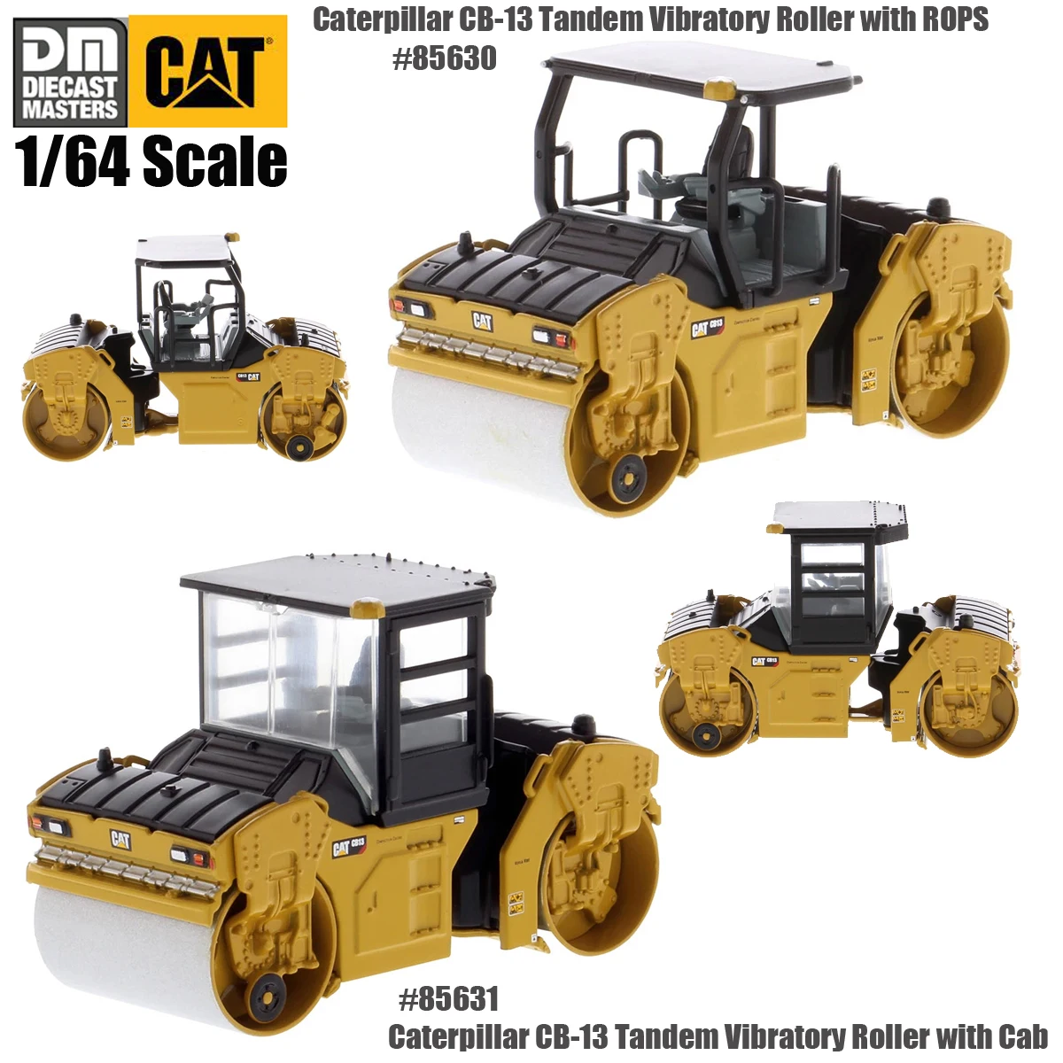 DM CatTerrpillar 1/64 Scale Cat  Tandem Vibratory Roller with ROPS or Cab Diecast Model for collection gift