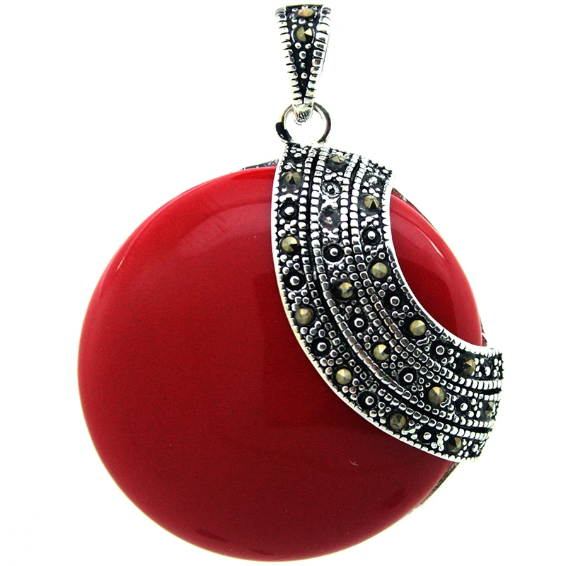 

RARE 925 STERLING SILVER RED CORAL ROUND HUGE MARCASITE PENDANT 35*35mm