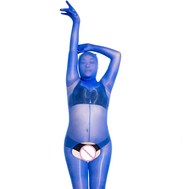 Sexy Dünne 8D Volle Körper Strümpfe Für Frauen Ouvert Sheer Sehen Durch Overall Mit Kapuze Öl Glänzenden Glänzend Zentai Bühne outfits