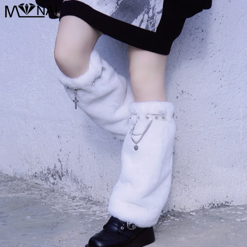 Gothic Women's Leg Warmers Punk Rivets Chains White Furry Y2K Lolita Warm Socks Winter Plush Foot Cover Street Fashion