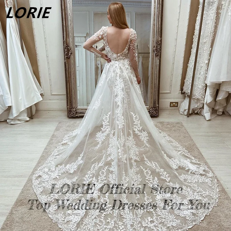 Lorie Vintage Lace Mermaid Trouwjurken V-hals Half Mouwen Backless Boho Bruidsjurken Met Applicaties Trein Bruid Jurk