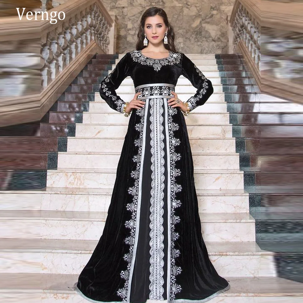 

Verngo Morocan Kaftan Black Evening Dresses Long Sleeves Velour Lace Applique Prom Gowns Islamic Abcya Dubai Formal Dress