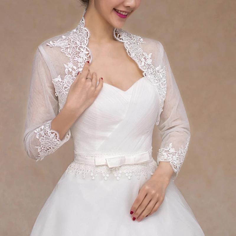 Chaqueta de boda de manga 3/4 para mujer, abrigo Floral con ribete de encaje, Bolero, cárdigan