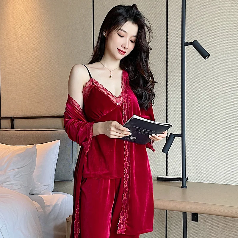 Women Velour Pajamas Set Red Lace 3PCS Sleepwear V-neck Bathrobe Suit Autumn New Robe&Tops&Pants Casual Pijamas Home Clothes