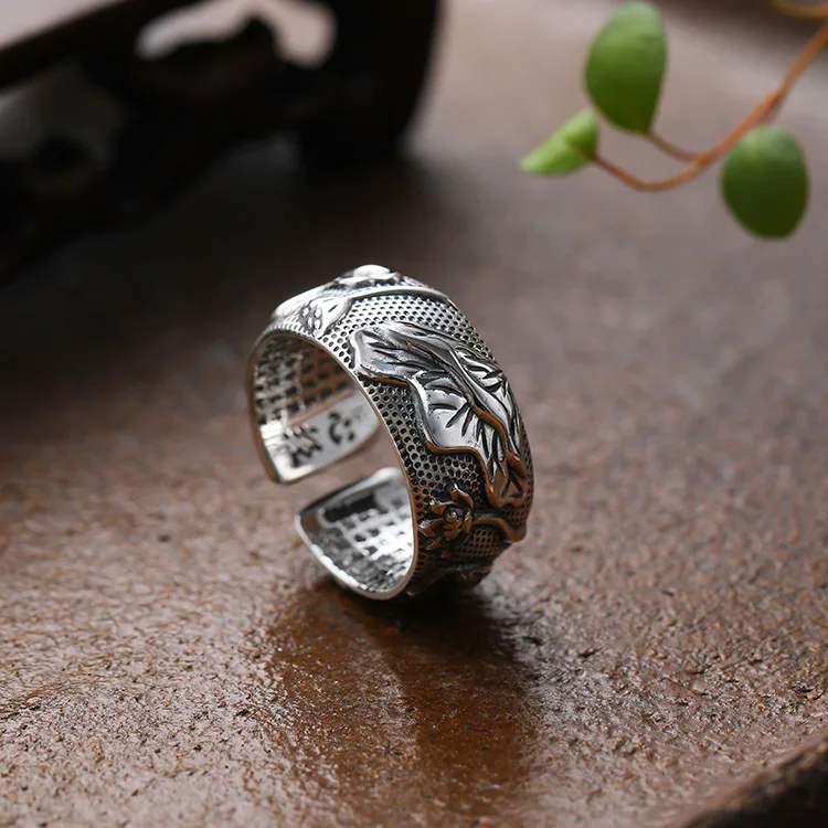 100% 999 pure silver Thai anemone full heart ring men's curved open retro lotus wide version ring