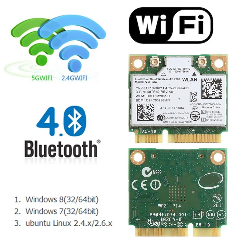 Network Card for Intel 7260HMW AC CN-08TF1D 2.4+5G Dual-Band Wireless Network Card Bluetooth-compatible4.0