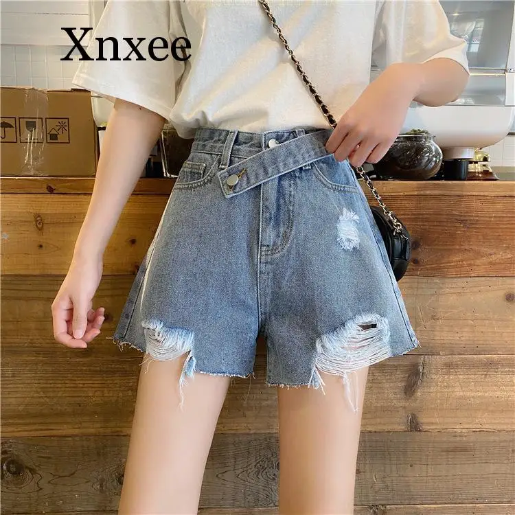 High Waist Denim Shorts For Women Vintage Sexy Brand Shorts Jeans Women Denim Shorts Jeans Light Blue Hole Belt