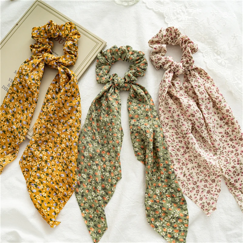 2024 New Fashion Floral Print Women Hair Scarf Elastic Hair Bands Hairband Bow Hair Rubber Ropes Scrunchie Girls Hair Ties