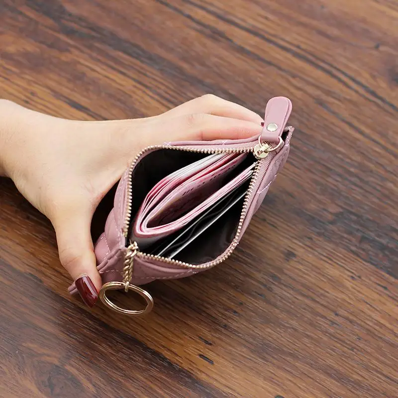 Women Genuine Real Cow Leather Zip Coin Wallet Key Chain Fashion Small Purse Money Designer Diamond Pattern Short Change Pouch