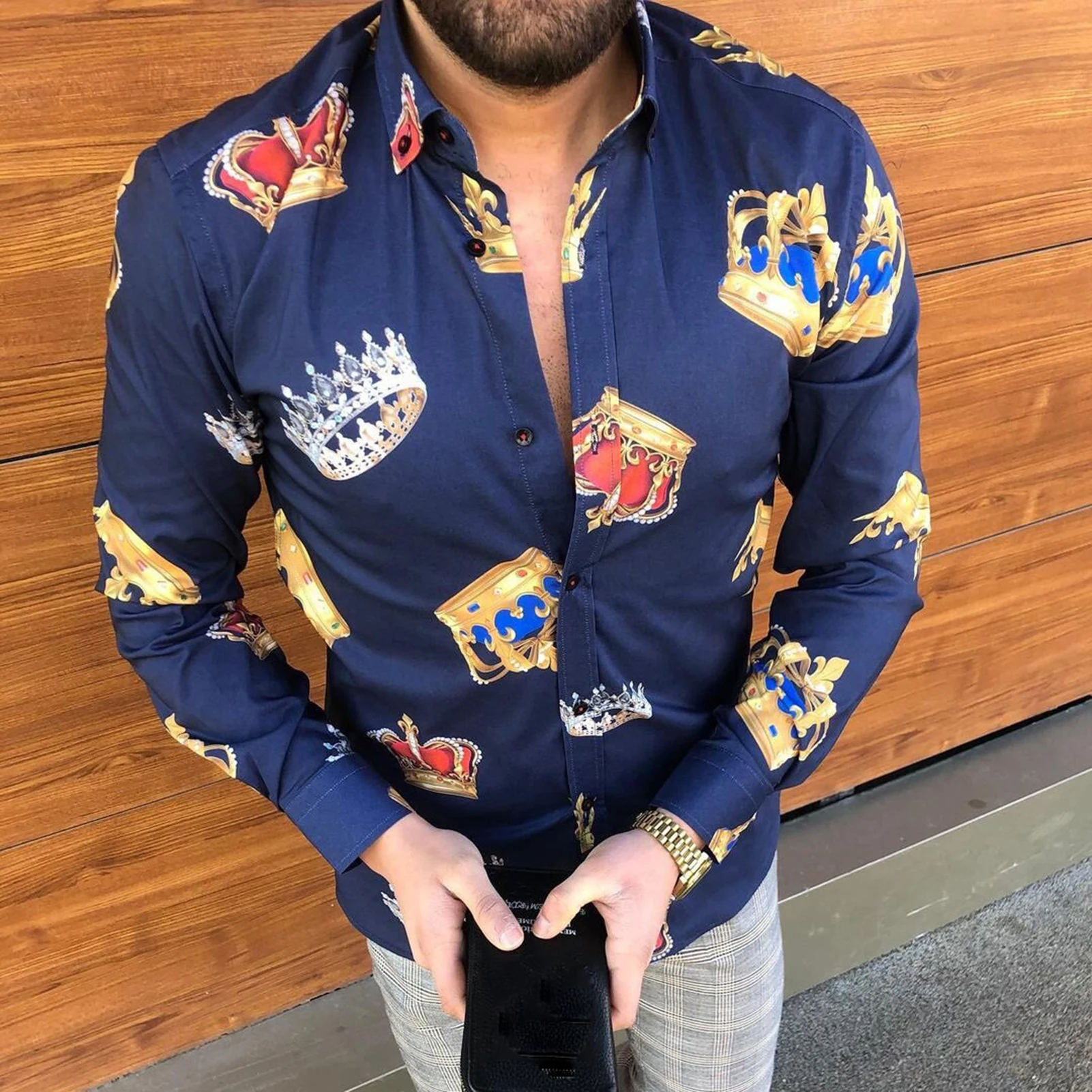 Spring Autumn Men Shirt Fashion Crown Printed Long Sleeve Turn-down Collar Buttons Slim Shirts Casual Dress Shirts Streetwear