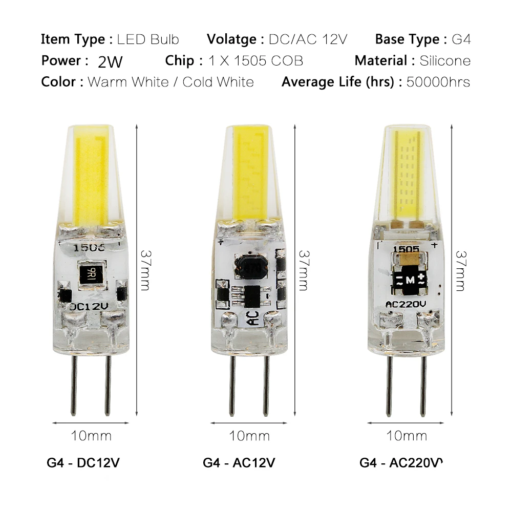 5pcs/lot G4 LED COB Lamp 1W 2W Bulb AC DC 12V 220V Candle Silicone Lights Replace 20W Halogen for Chandelier Spotlight