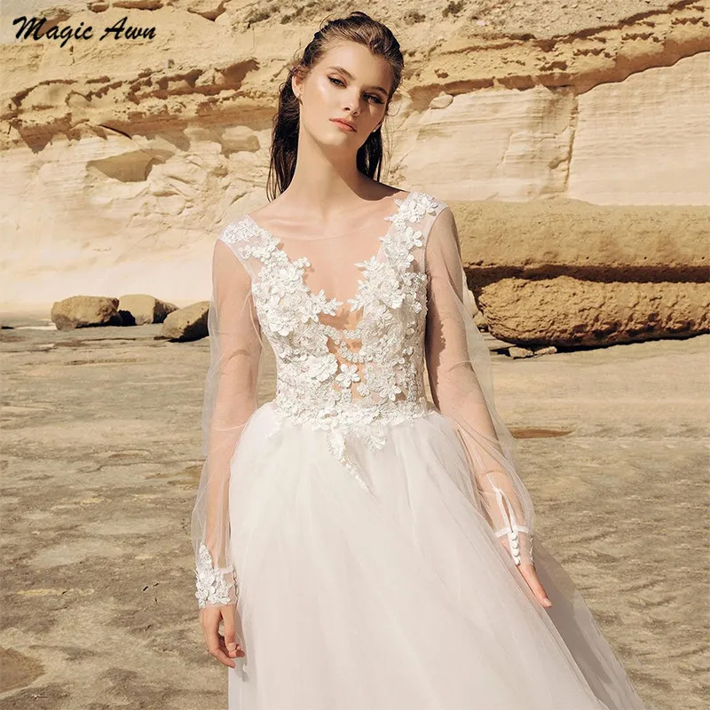 Magic Awn Full Tay Bãi Biển Áo Váy Ren Appliques Ảo Ảnh Đời Boho Chữ A Cô Dâu Áo Hở Lưng Vestidos De Novia