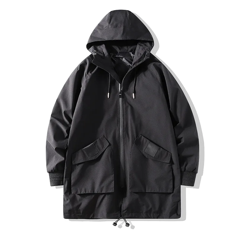 

206 Autumn Winter Men Med-Length Hooded Trench Coat Casual Fashion Distinct Handsome All-Match Drawstring Pocket Black Jacket