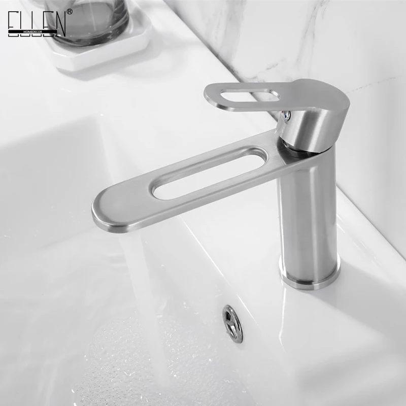 

ELLEN Stainless Steel Sink Faucet Brushed Nickel Bathroom Faucet Hot Cold Water Mixer Deck Mounted Basin Sink Faucet EL1506