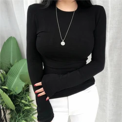 Camiseta de manga larga para mujer, Top Sexy de estilo coreano, ropa elástica a la moda, camisetas ajustadas para mujer 2024