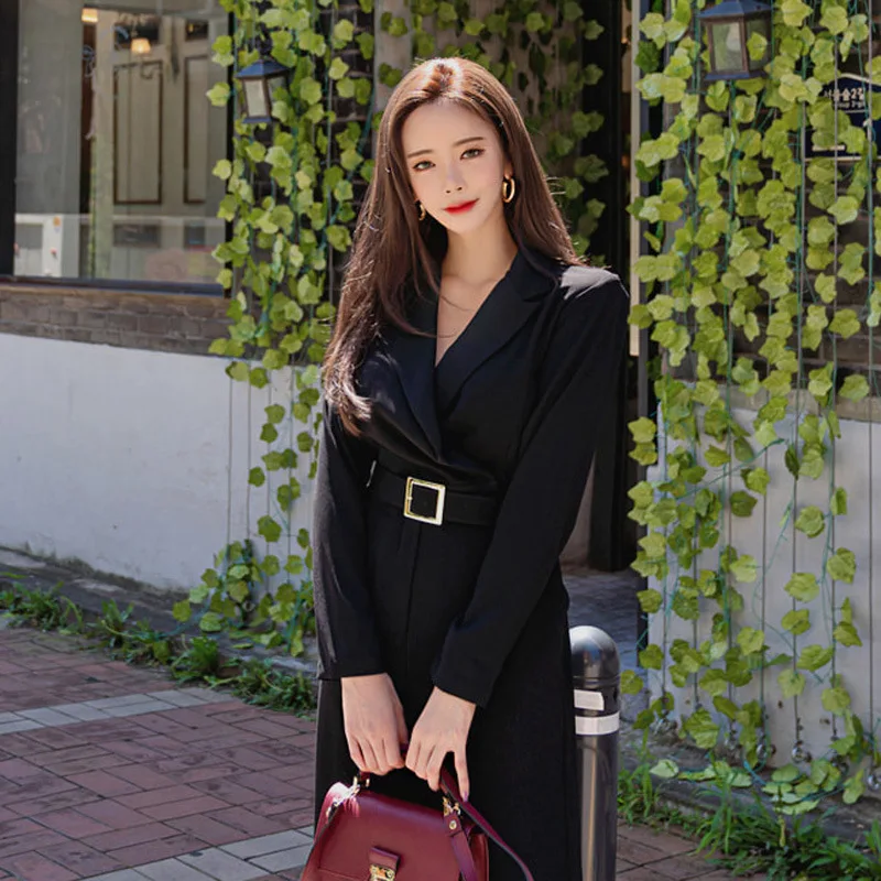 2019 Winter Korean Style OL Solid Color Jumpsuits Women Turn Down Collar Belted Long Romper Formal Work Wear Playsuits Plus Size