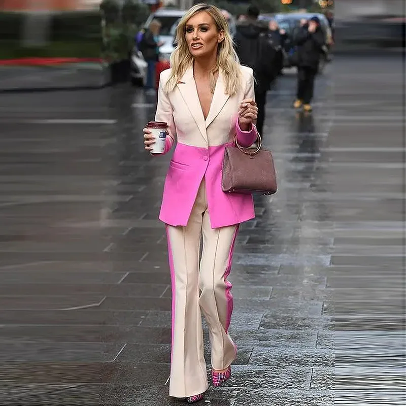 

Blazer Pants Suit Two Piece Set Office Ladies Women Color Match Business Single Button Flared Pants Blazer Pants Formal Suit