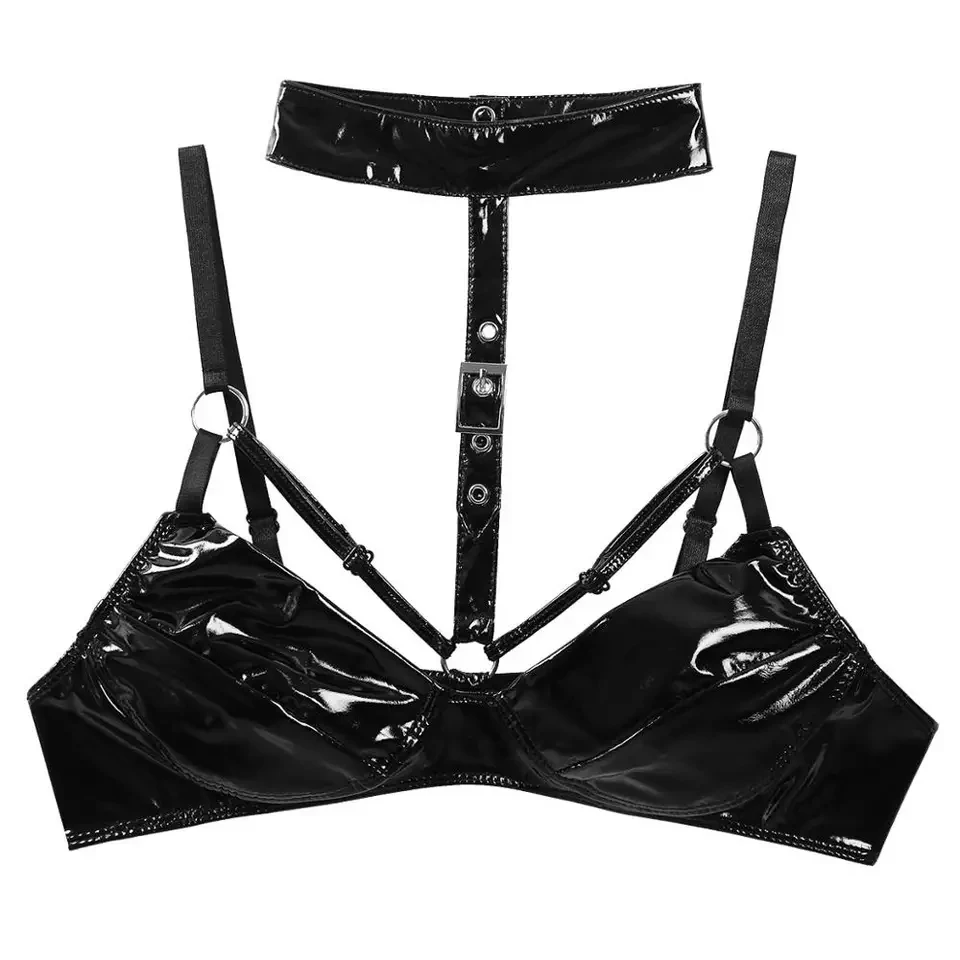 Vrouwen Sexy Glanzende Diepe U Lederen Beha Erotische Hot Porno Plunge Half Cup Borst Bloot Shiny Latex Halter Hals Tops verstelbare Sex