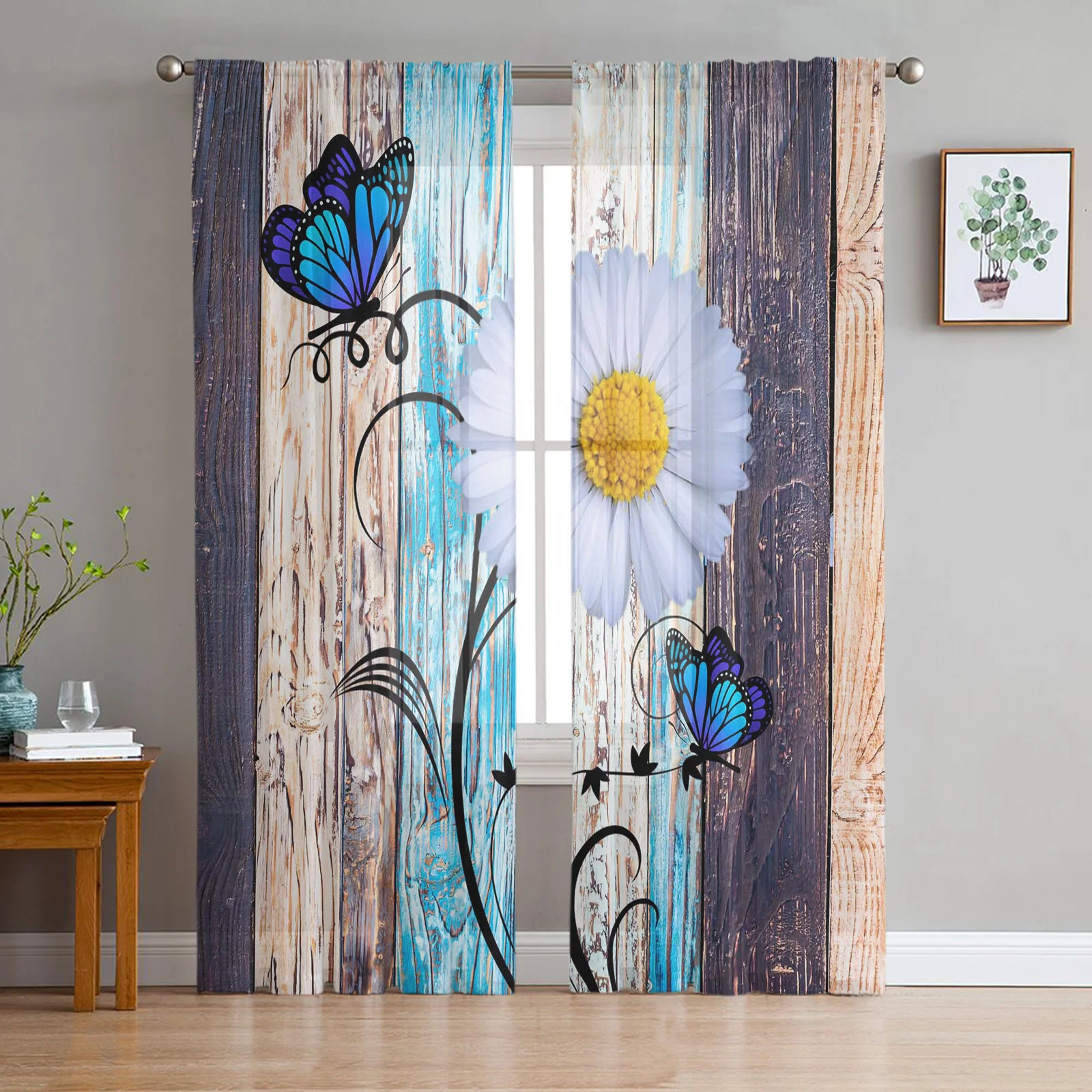 

Daisy Butterfly Color Wood Grain Sheer Curtains for Living Room Bedroom Kitchen Tulle for Windows Voile Drapes Home Decoration