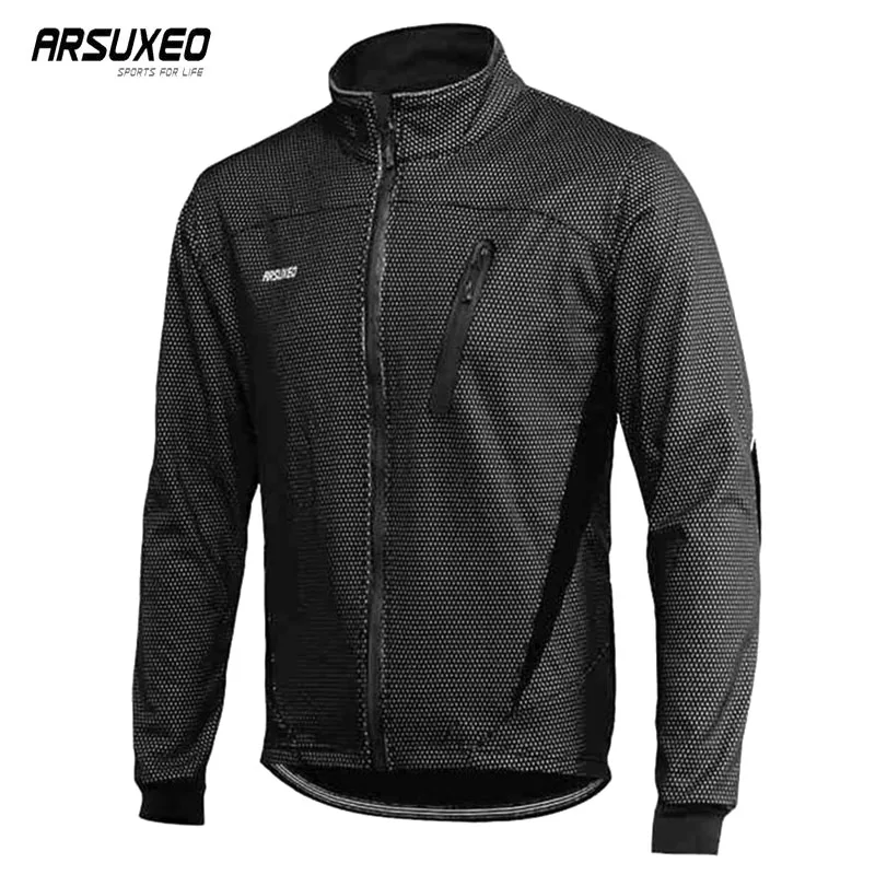 ARSUXEO Fleece Cycling Jacket Man Winter Thermal Mountain Bike Jacket Waterproof Bicycle Coat Windproof Reflective MTB Jacket