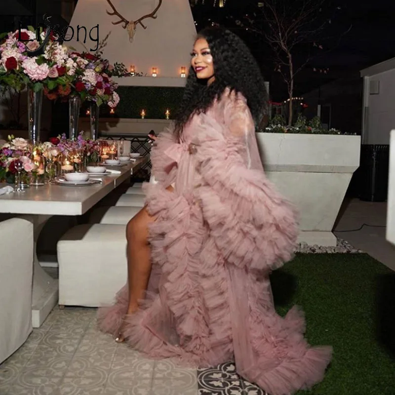 

Sexy Blush Pink Photo Bathrobe See Thru Long Prom Dresses Puff Full Sleeves Prom gowns Ruffles Tiered Pregnant Woman Long Robe