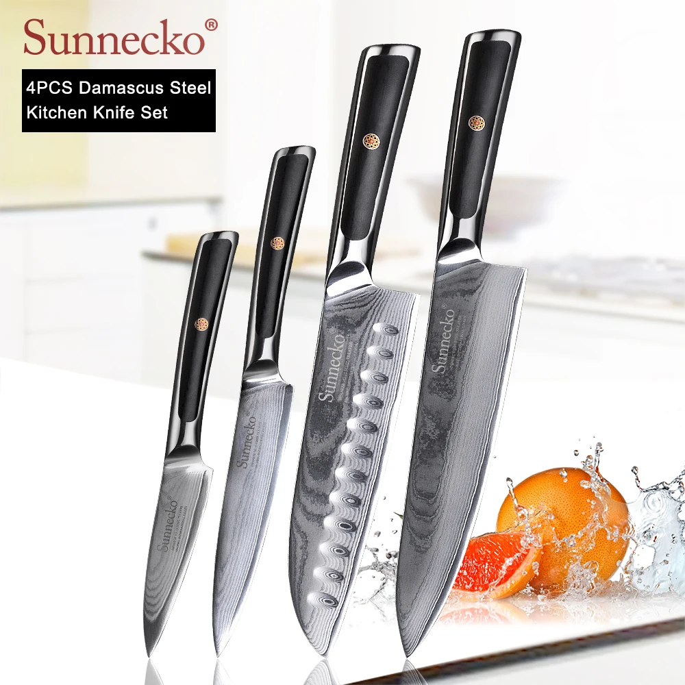 SUNNECKO 4PCS Kitchen Knives Set Chef Utility Santoku Paring Knife Damascus Japanese VG10 Steel G10 Handle Sharp Cutting Tools