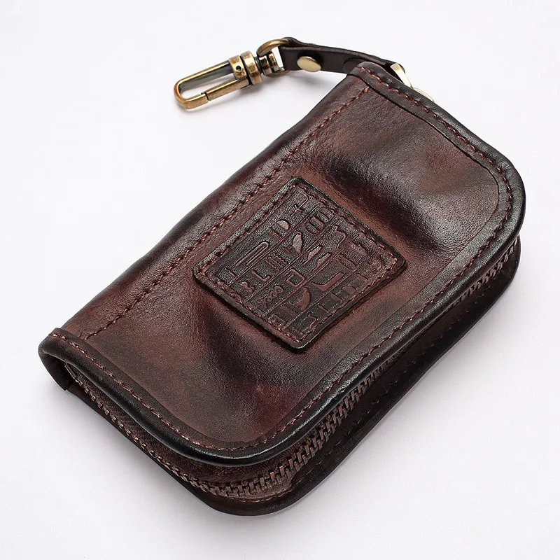 Vintage Handmade Genuine Leather Key Wallet Men Short Zipper Car Key Card Holder Coin Purse Bag Organizer Housekeeper For Women