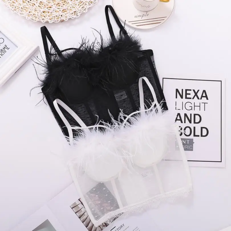 Women Feather Camisole Underwear Sexy Backless Cropped Tube Top Corset Fashion Bustier Bra Night Club Party Tank Tops p471