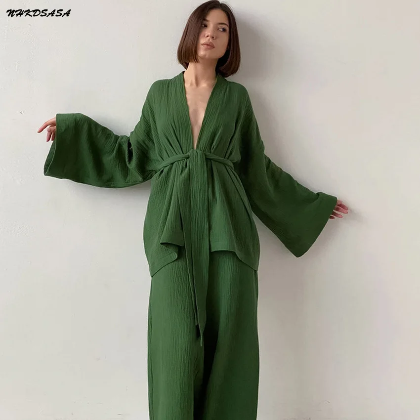 NHKDSASA Kimono Pajamas 2023 New 100% Cotton Crepe Long-Sleeved Trousers Ladies Sleepwear Suit Women\'s Home Service Mujer