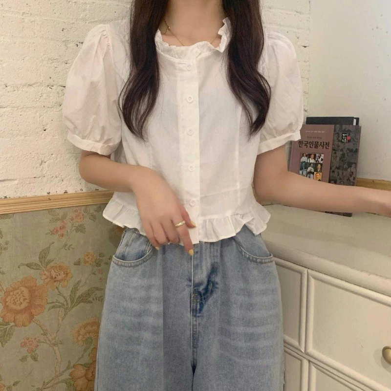 Shirt Women Design Ruffles Summer Short Sleeves Harajuku Casual Single Breasted All Match Simple Ulzzang Young Solid Retro Soft