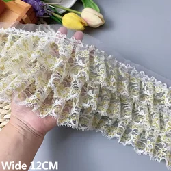 12CM Wide Three Layers Glitter Golden Embroidered Lace Ribbon Ruffle Trim Weding Dress Skirts Hemlines Curtains DIY Sewing Decor