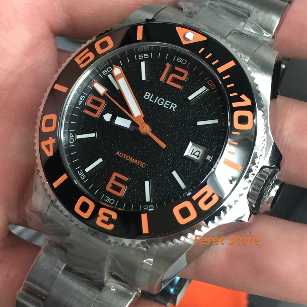 Bliger 43mm Top Casual Mechanical Men\'s Watch Sapphire Glass orange Ceramic Bezel Black Dial Waterproof Luminous Automatic Watch