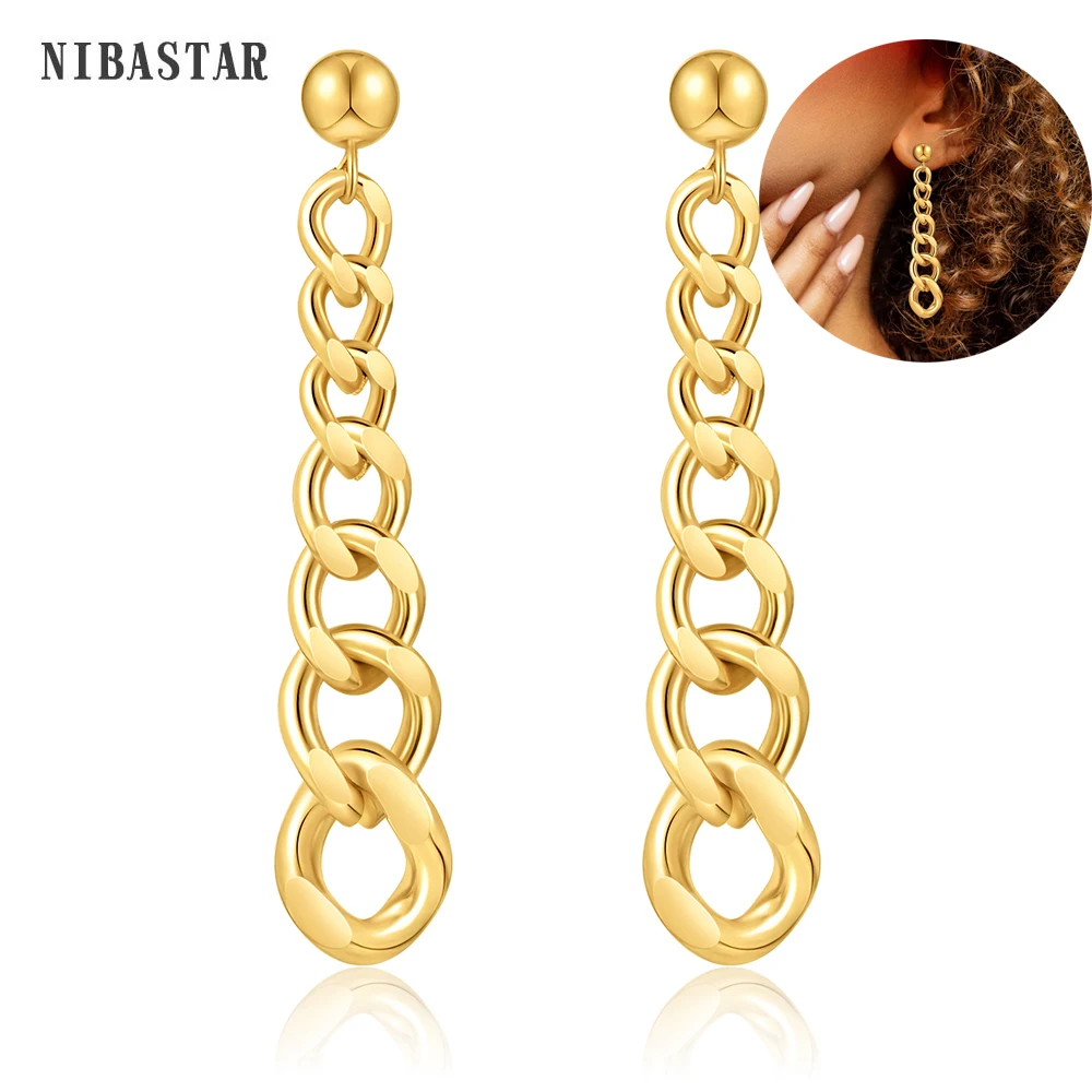 NIBASTAR Cuba Chain Dangle Earrings For Women Stainless Steel Punk Thick Long Earring 9mm Rock Exaggerated Jewelry