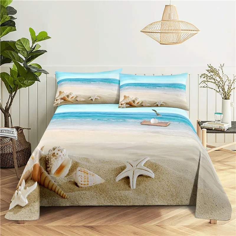 Seaside Scenery 0.9/1.2/1.5/1.8/2.0m Digital Printing Polyester Bed Flat Sheet With Pillowcase Print Bedding Set