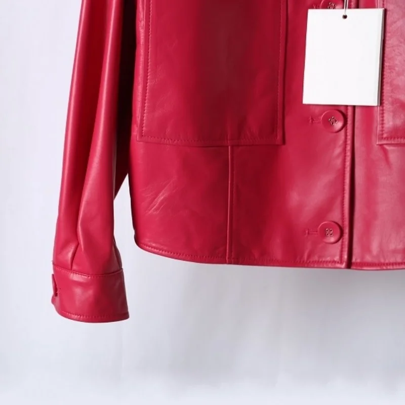 Spring New Women Genuine Leather Jacket Red Green Single Breasted Long Sleeve Motorcycle Jackets Loose Fit Real Sheepskin Coat