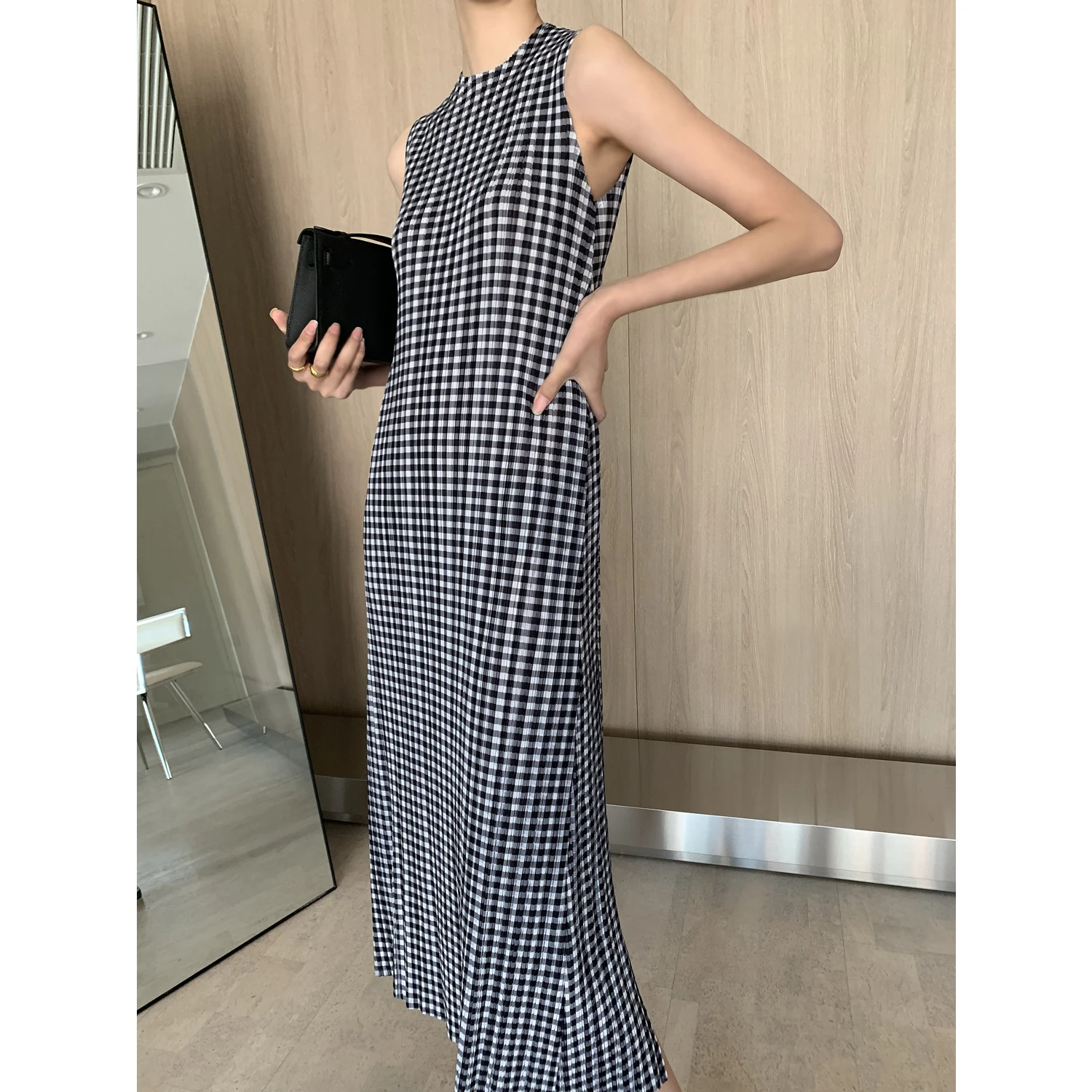 

Summer New Miyak Pleated dresses for women Fashion Plaid sleeveless Slim High stretch female A-line DressTide