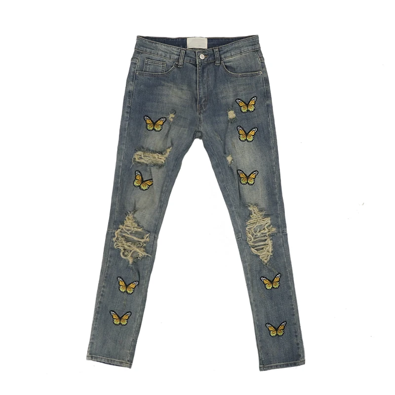 High street Butterfly Embroidery Knee Ripped Hole Jeans Mens casual Hip Hop Distressed Jeans Slim Fit Skinny Denim Pants Joggers