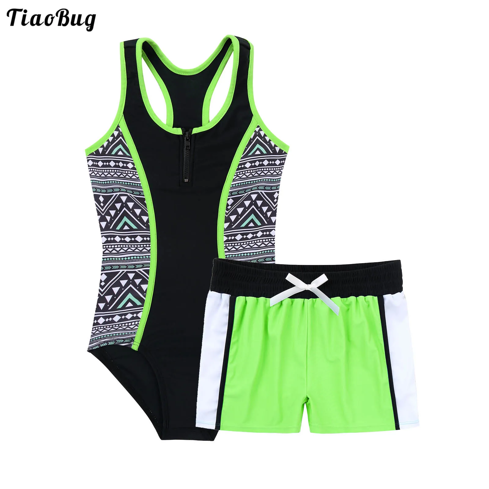 

TiaoBug Summer 2Pcs Kid Girls Swimming Suit One-Piece Round Neck Sleeveless Racer Back Jumpsuit And Boyshorts Set Beach Swimwear