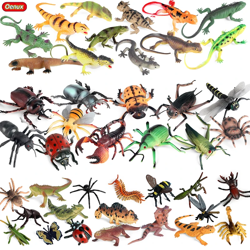 Oenux Insect World Set Spider Mantis Scorpion Lizard Butterfly Bee Animals Model Action Figures Figurine PVC Educational Kid Toy