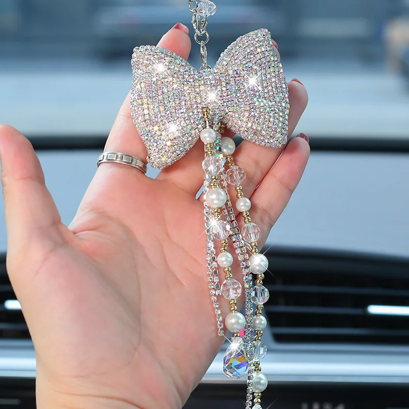 Creative Diamond Bowknot Car Pendant Cute Crystal Tassels Chain Rearview Mirror Ornament Pearl Rhinestone Car Accessories Women