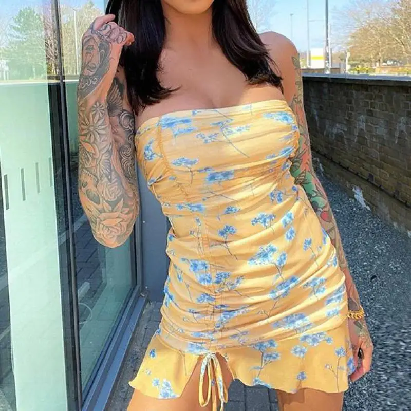 

2023 Fashion Strapless Wrapped Bodycon Dress Y2k White Blue Floral Printed Strapless Drawstring Mini Dress Summer 2023 Vestidos