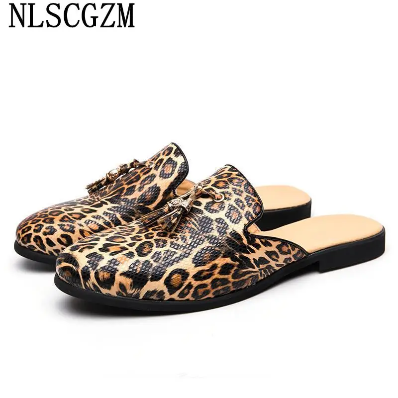 Leather Slippers for Men 2024 Mules Shoes Man Leopard Summer Slippers for Men Casual Indoor Slippers Men Half Shoes Man Sapato