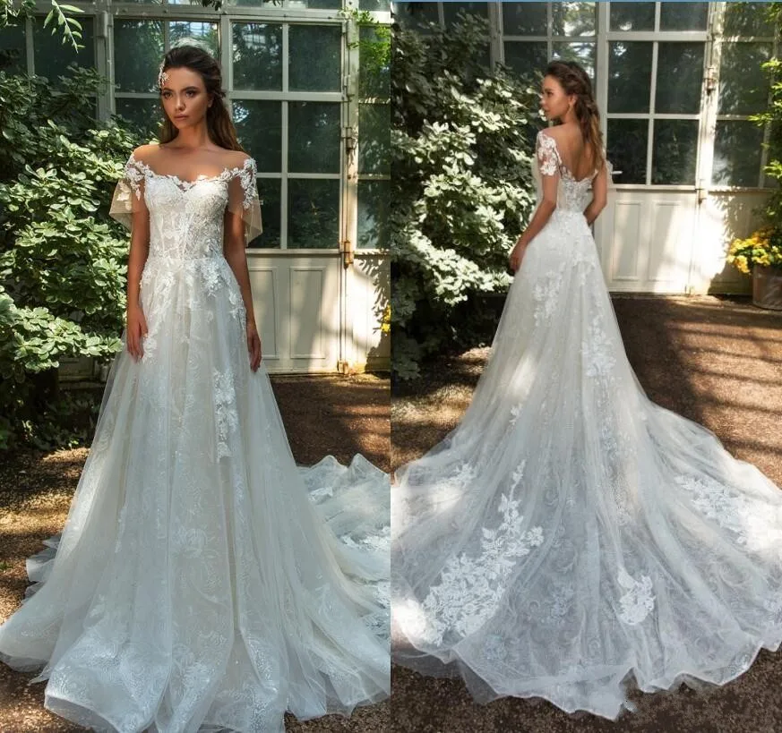 Ren Áo Cưới Một Dòng Bateau Cổ Cô Dâu Chính Thức Bầu Ren Appliques Sheer Áo Dây De Mariage