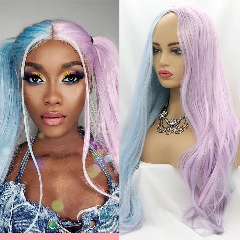 Ombre Purple Blue Long Straight Cheap Full Machine Made Wigs Synthetic Glueless Lolita Cosplay For Black Women Highlight Hair