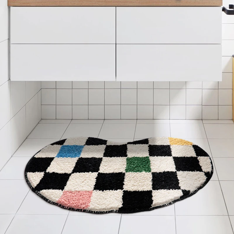 Colorful Grids Bathroom Mat Tufted Bean Shape Fluffy Entrance Rug Living Room Carpet Floor Pad Doormat Tidy Aesthetic Home Decor